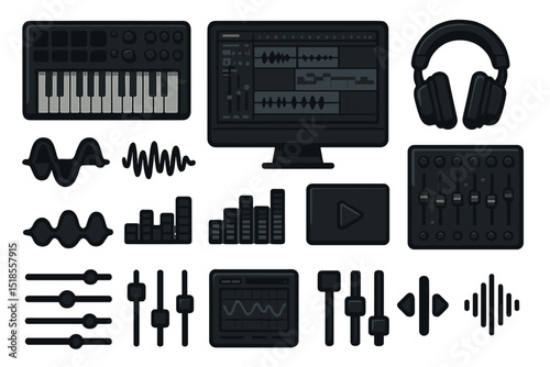 Black music production equipment layout with keyboard, headphones, and sound editing tools