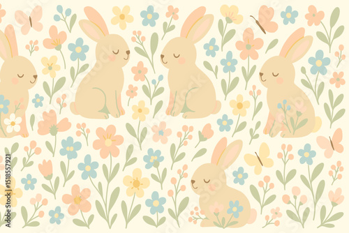 Colorful illustration featuring playful rabbits surrounded by flowers in a whimsical spring landscape