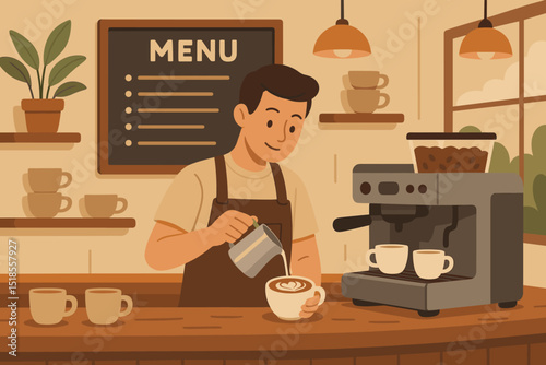 Barista preparing latte art in a cozy coffee shop setting during the afternoon hours