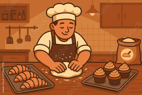 Baker preparing dough and cupcakes in a cozy kitchen during the afternoon