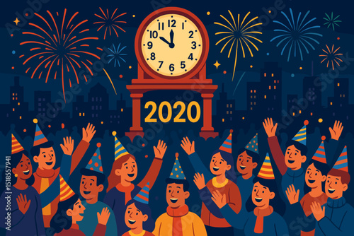 Celebration marks New Year 2020 with joyous crowd and fireworks in urban setting