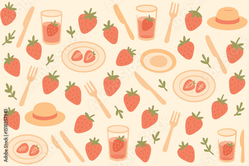 Fresh strawberries on a light background with plates, forks, glasses, and a sun hat for a summer picnic theme
