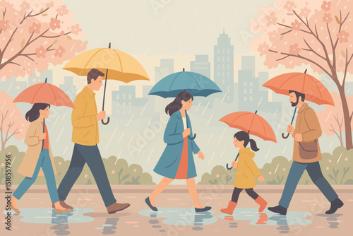 Families stroll through a rainy city street under colorful umbrellas during springtime