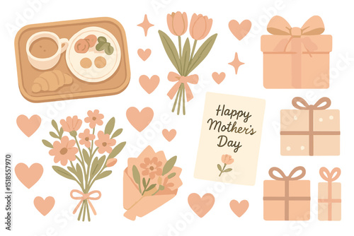 Creative Mother's Day celebration with breakfast tray, flowers, and gifts in pastel colors for an uplifting and heartfelt occasion
