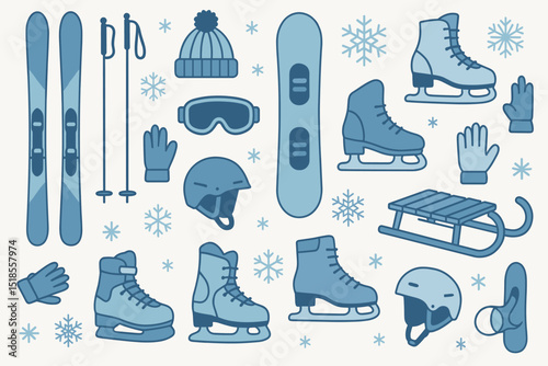 Winter sports equipment collection showcasing skiing, snowboarding, and ice skating gear in a cool color palette