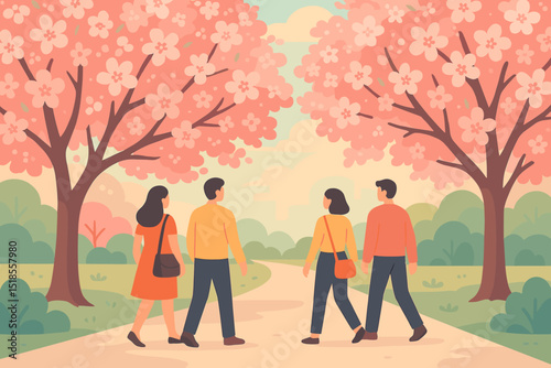 Group of friends walking through a blooming cherry blossom park in springtime