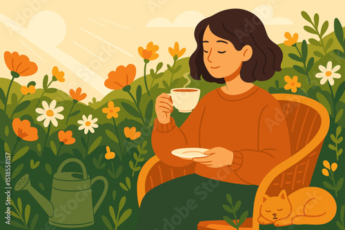 Relaxing in a garden chair with a cup of tea, surrounded by blooming flowers and a content cat on a sunny afternoon