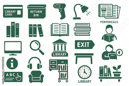 Library symbols and icons representing various activities and resources available for students and visitors in a learning environment