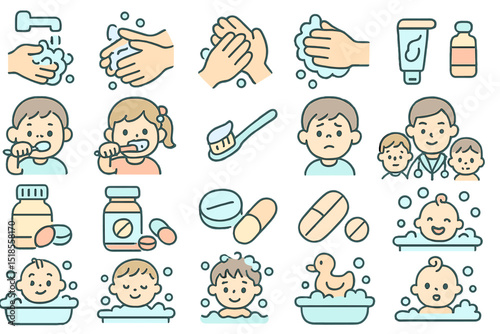 Health and hygiene practices shown through playful illustrations, emphasizing cleanliness for children