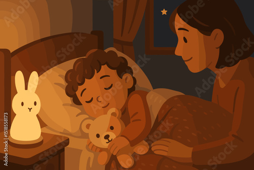 Comforting bedtime routine with a mother and child in a warm bedroom at night with a gentle night light