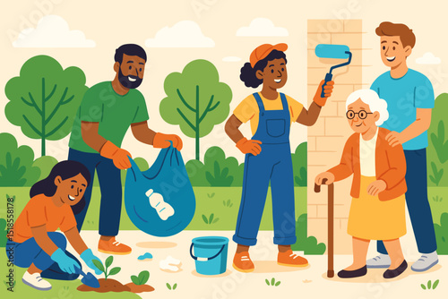 Community members participate in a local cleanup and gardening event on a sunny day in the neighborhood