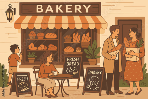 Bakery scene with people buying fresh bread and pastries in a cozy neighborhood shop setting
