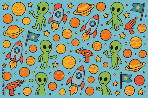 Colorful alien adventure with rockets, planets, and playful characters in a fun outer space setting