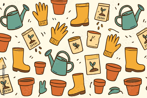 Gardening tools and supplies pattern featuring watering cans, gloves, pots, and seed packets for creative projects
