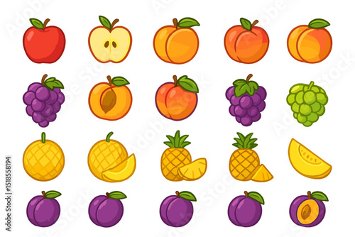 Colorful collection of fruit illustrations featuring apples, peaches, and more in a playful design style
