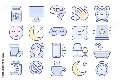 Sleep-related icons depicting important aspects of rest, relaxation, and health tips for better sleep hygiene practices