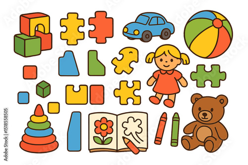 Colorful collection of children's toys and educational items for playtime and learning activities