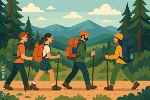 Group of hikers trekking through a lush mountainous landscape during a sunny day in the countryside