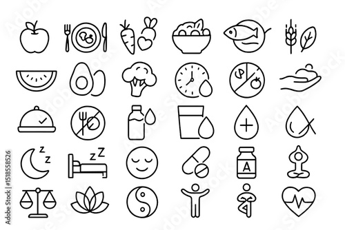 Collection of simple line icons representing healthy food, wellness activities, and mindful living