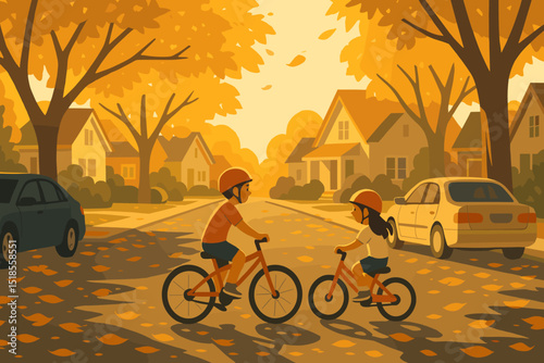 Children enjoy biking together on a quiet autumn afternoon in a neighborhood filled with orange and yellow leaves