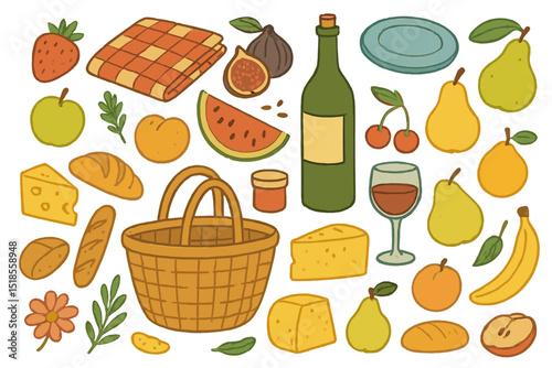 Colorful picnic setup featuring fruits, cheese, and a bottle of wine on a sunny day in a park