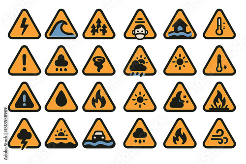 Weather warning symbols illustrate various natural hazards and conditions in a clear and organized manner for safety and awareness