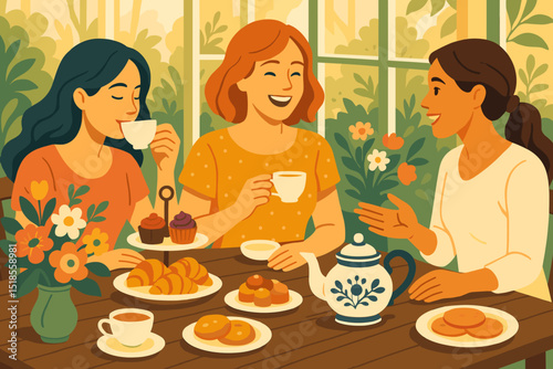 Friends enjoy tea and pastries in a cozy cafe during a sunny afternoon gathering in a vibrant garden setting