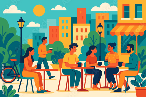 Outdoor cafe gathering with friends enjoying coffee on a sunny day in a vibrant city setting