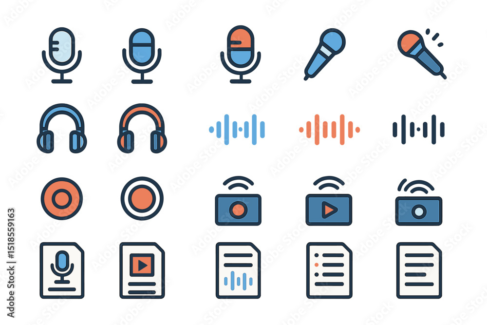 Fototapeta premium Collection of audio and video icons showcasing different recording and playback elements in a colorful, modern design