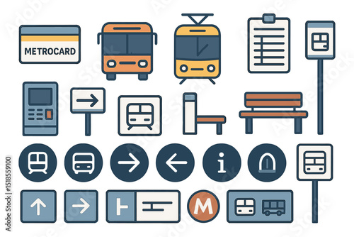 Flat icon set of metro and public transportation elements