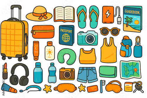 Essentials for a summer vacation including travel accessories, clothing, and personal items displayed in a vibrant layout
