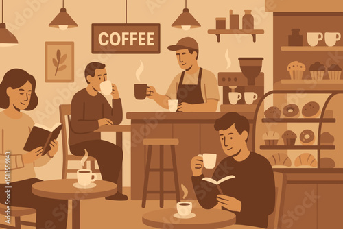 Cozy coffee shop atmosphere with people reading and enjoying drinks during a relaxed afternoon