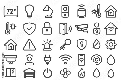 Collection of smart home icons featuring various symbols for security, temperature control, and energy management