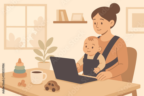 Mother using laptop at home with baby in carrier illustration