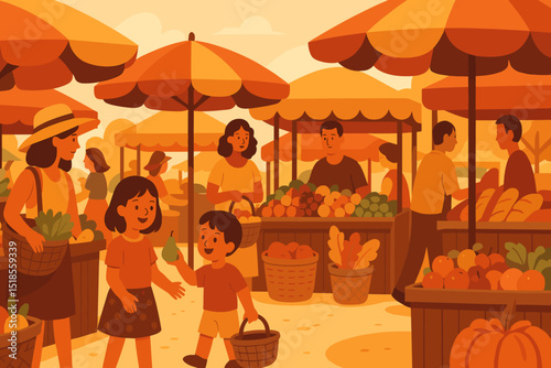 People shopping at a vibrant outdoor farmers market on a sunny day