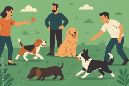 People enjoying a sunny day in a park with happy dogs playing outdoors together