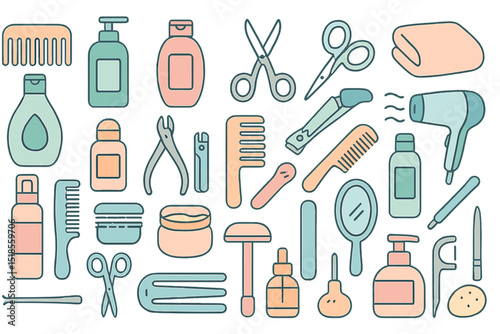 Pastel grooming and hygiene icon set with hair, nail, and skin tools