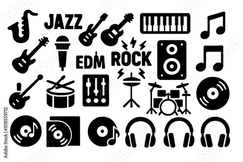 Black outlined music genre and instrument icons on dark background