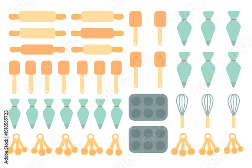 Flat pastel baking icon set with whisks, piping bags, and spatulas