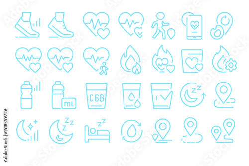 Neon blue fitness and health tracking icon set on dark background