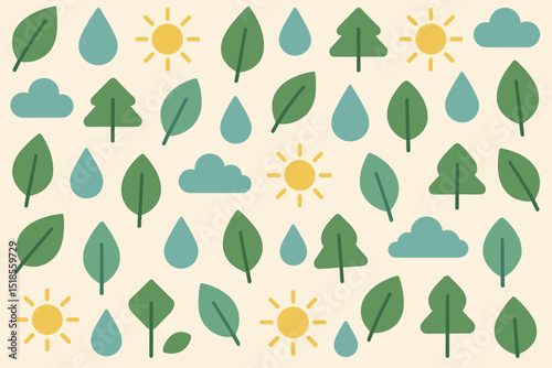 Seamless eco pattern with trees, leaves, clouds, sun, and raindrops