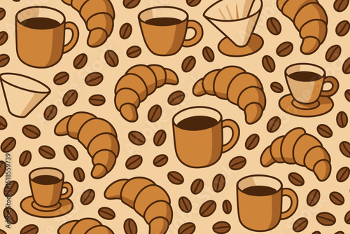 Seamless coffee and croissant pattern with mugs and beans