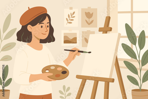 Cartoon woman preparing to paint on blank canvas in art studio