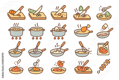 Cooking process illustrated with various food preparation steps and utensils for creating meals