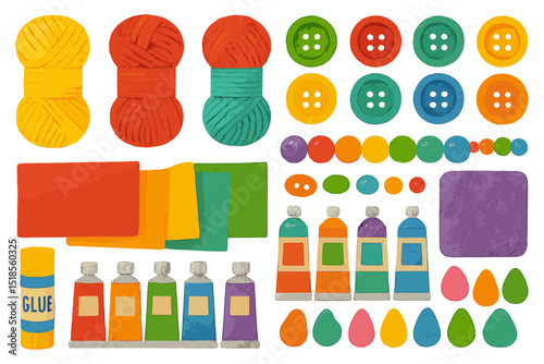 Bright flat lay of colorful felt craft supplies and art materials