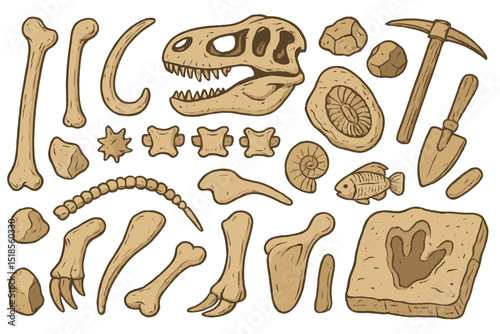 Hand-drawn dinosaur fossils and excavation tools on brown background