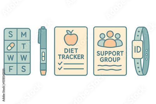 Illustrated set of chronic care support tools like trackers and ID bands