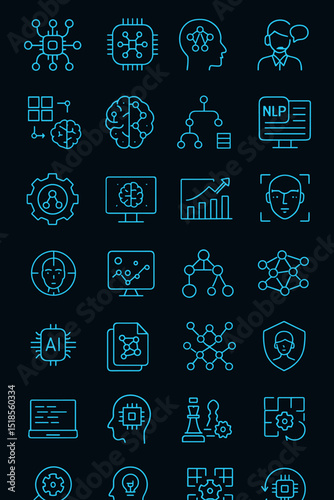 Outlined AI and neural network icon sets in light blue on transparent backgrounds
