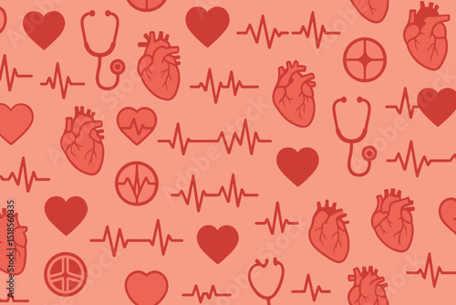 Monochrome seamless pattern of heart health symbols and stethoscopes