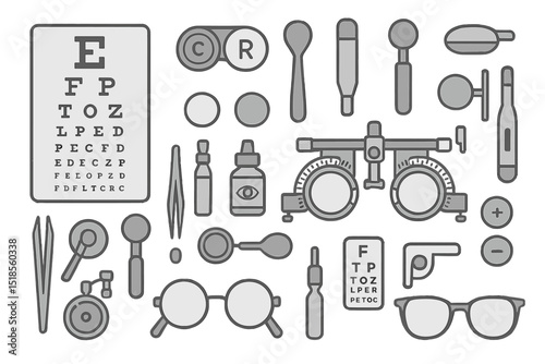 Grayscale seamless pattern of optometry tools and vision test elements